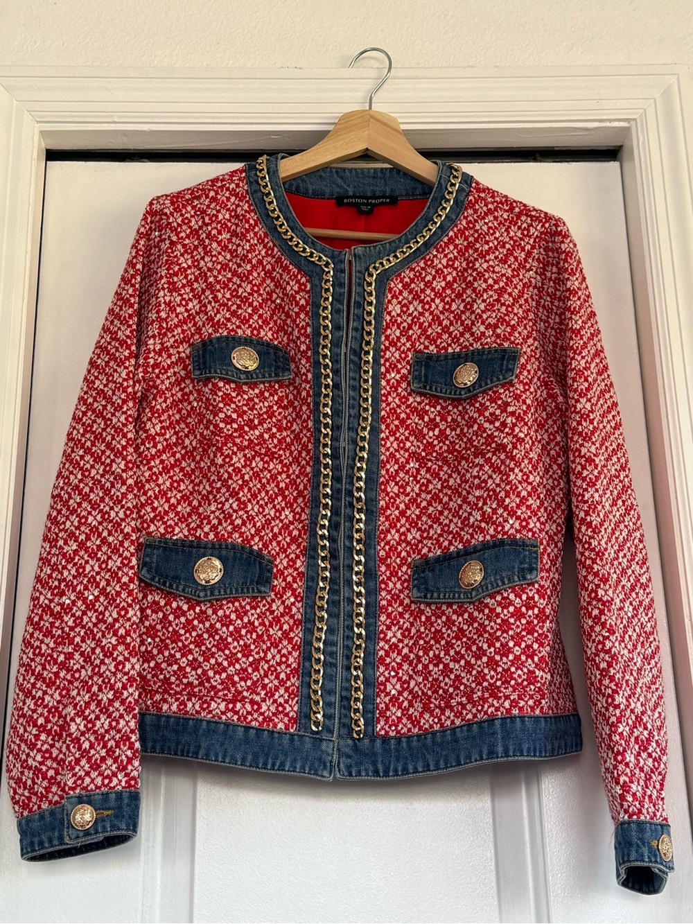 Boston Proper Red Tweed Jacket with Denim Trim and Gold Chain